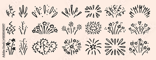 Festive firework explosion set isolated on white background. Vector illustration of hand drawn confetti burst effect, party firecracker sparks, abstract spiral doodles, lines with.