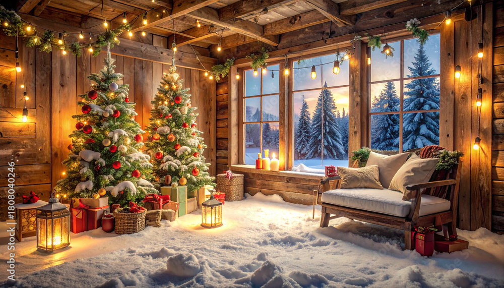 Obraz premium Christmas tree decorated with red and gold ornaments and snow inside cozy wooden cabin with warm string lights, candles, and wrapped gifts creating festive and inviting winter atmosphere