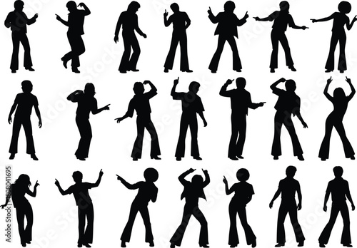 Collection of black vector silhouettes featuring men and women dancing disco style, wearing vintage bell bottoms, posing for party, isolated on white background.