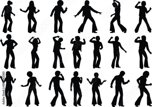 Collection of black vector silhouettes of men and women dancing disco style, wearing retro seventies clothing, performing funky dance moves, isolated on white background.