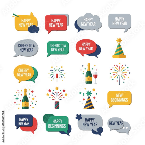 Festive New Years Eve Celebration: Colorful Icons and Speech Bubbles.