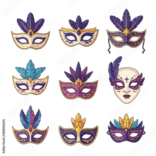 Collection of Decorative Mardi Gras Masks with Feathers and Embellishments.