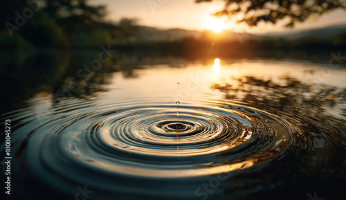 The tranquil lake water reflects the warm glow of the setting sun, creating concentric ripples that spread across the surface, evoking a sense of peace and serenity in the natural landscape.