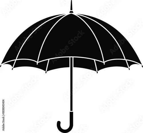 Open black umbrella silhouette with curved handle, vector illustration isolated on white background for rain protection, safety, and insurance concept design.