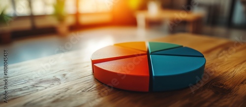 Colorful pie chart on wooden table.