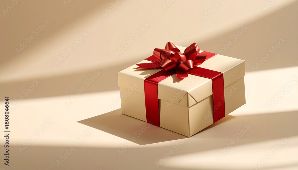 Obraz premium Elegant Gift Box with Red Ribbon on Beige Background - Festive Celebration