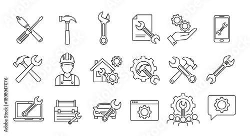 Collection of Icons Representing Tools, Mechanics, and Technical Services