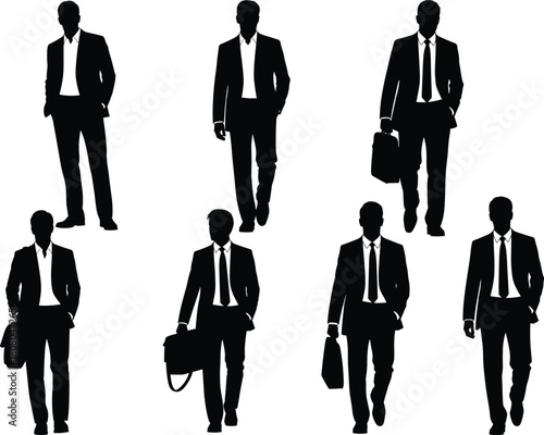 Set of black businessman silhouettes walking and standing, wearing suits and carrying briefcases, vector illustration isolated on white background for corporate design.