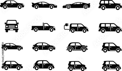 Set of black car silhouettes including sedan, sports car, SUV, pickup truck, electric vehicle and hatchback, vector illustration isolated on white background for transport design.