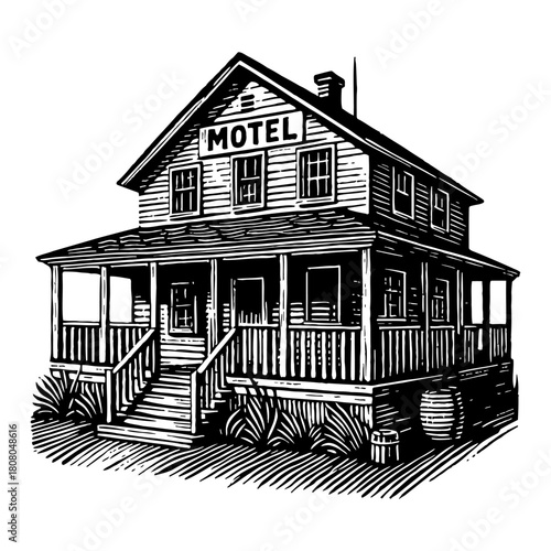 Historic Vintage Motel Building with Front Porch Stairs and Sign Black and White Outline Line Art Drawing Illustration
