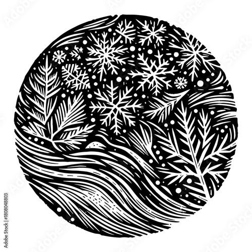 Detailed Winter Snowflakes and Pine Needles Circle Composition Black and White Outline Line Art Drawing