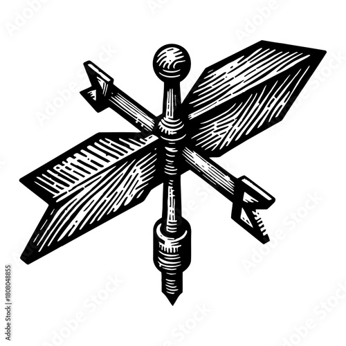 Stylized Directional Compass Arrows Weathervane Element Black and White Outline Line Art Drawing