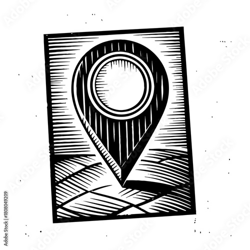 Map Pin Location Marker Navigation Icon Black and White Outline Line Art Drawing Woodcut Style