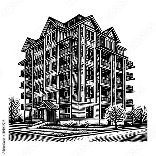 Modern Residential Building Black and White Outline Line Art Drawing with Balconies and Trees