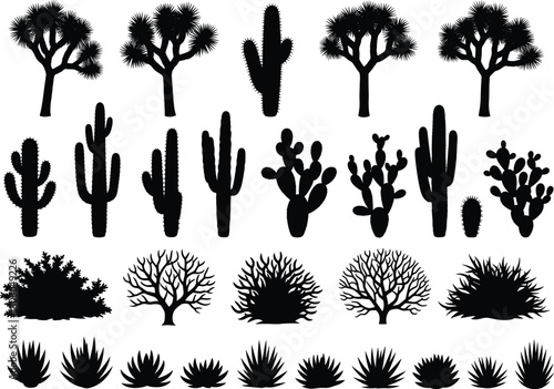Set of desert plant silhouettes featuring cactus, joshua tree, agave, and shrubs, black vector illustration isolated on white background for western landscape design.