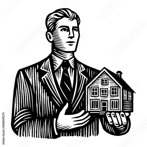 Businessman Realtor Holding Small House Model Black and White Outline Line Art Drawing Property Sale