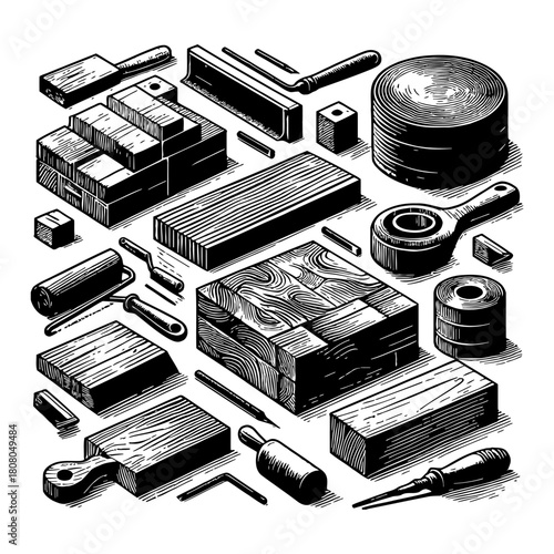 Detailed Wood Carving Tools Blocks and Materials Arranged Black and White Outline Line Art Drawing