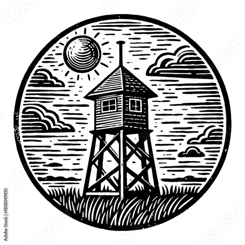 Rustic Coastal Watchtower Lifeguard Stand Sun Clouds Grass Field Circular Frame Black and White Outline Line Art Drawing