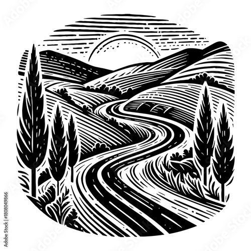 Winding Road Through Rolling Hills with Cypress Trees and Sunrise Black and White Outline Line Art Drawing