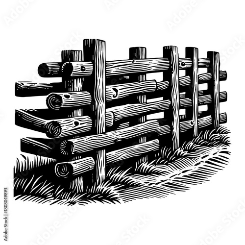 Rustic Wooden Split Rail Fence with Grass Black and White Outline Line Art Drawing Vintage Engraving Style