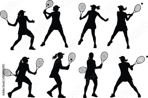 Set of female tennis player silhouettes in various action poses holding rackets, black vector illustration isolated on white background for sports competition design.