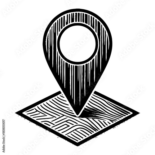 Vintage Black and White Outline Line Art Drawing of a Map Pin Location Marker on a Stylized Map