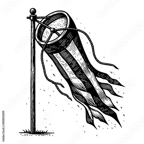 Windsock Blowing in Wind on Pole Vintage Black and White Outline Line Art Drawing Engraved Style