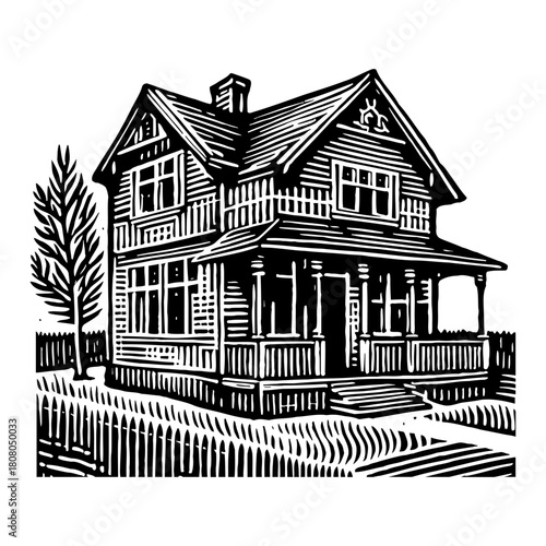 Detailed Victorian House with Front Porch Fence and Tree Black and White Outline Line Art Drawing