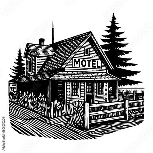 Retro Rustic Motel Building with Pine Trees and Wooden Fence Black and White Outline Line Art Drawing