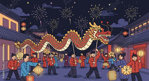 Chinese New Year Dragon Dance Performance at Night
