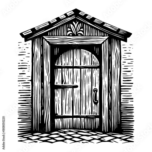 Rustic Wooden Shed Door Front View Black and White Outline Line Art Drawing with Classic Engraving Style