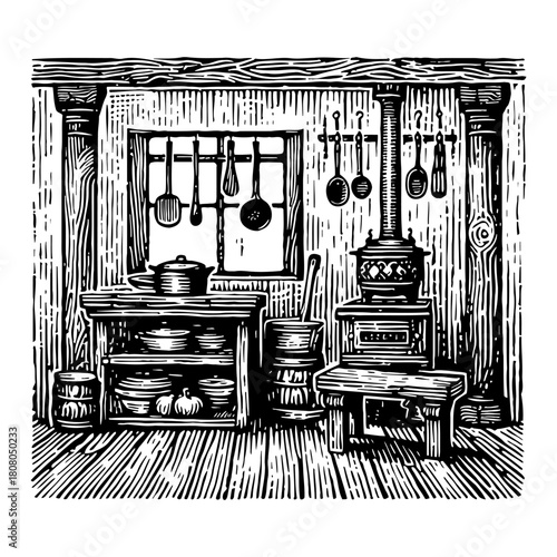Rustic Vintage Kitchen Interior with Wood Stove Pots Pans and Window Black and White Outline Line Art Drawing