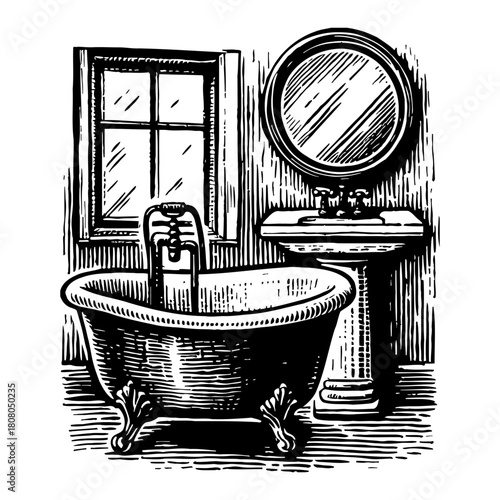 Classic Bathroom Scene with Clawfoot Bathtub Pedestal Sink and Round Mirror Black and White Outline Line Art Drawing