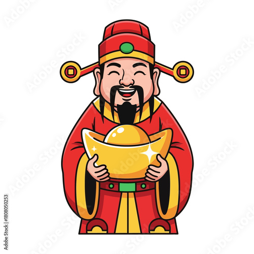 Lucky Chinese Man Holding Gold Ingot Symbolizing Wealth and Prosperity
