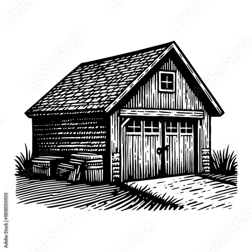Rustic Wooden Shed Farm Barn Storage Building Black and White Outline Line Art Drawing Vector Illustration