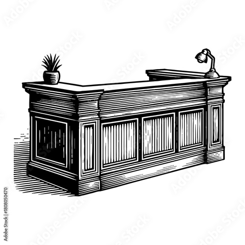 Classic Vintage Reception Desk Counter with Potted Plant and Desk Lamp Black and White Outline Line Art Drawing Illustration