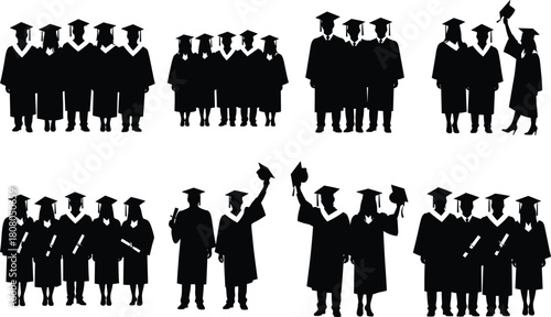 Set of graduation silhouettes, group of students in academic dress, college commencement ceremony, holding diplomas, throwing caps, black vector illustration collection.