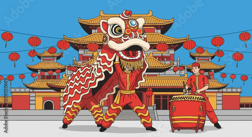 Chinese lion dance performance in front of traditional pagoda