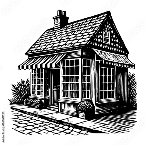 Charming Old Fashioned Shop Building with Awning and Cobblestone Pavement Black and White Outline Line Art Drawing