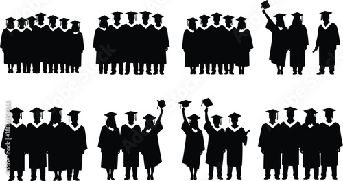 Set of graduation silhouettes, vector illustration of students in caps and gowns, university commencement ceremony, college success, academic achievement celebration, black group collection.
