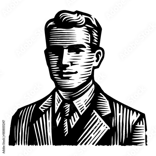 Classic Suited Professional Man Formal Portrait Vintage Style Black and White Outline Line Art Drawing
