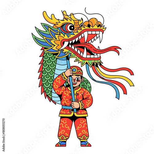Dragon Dance Performance with Colorful Dragon Head