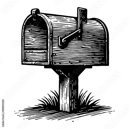 Traditional Mailbox on Wooden Post with Grass Vintage Style Black and White Outline Line Art Drawing