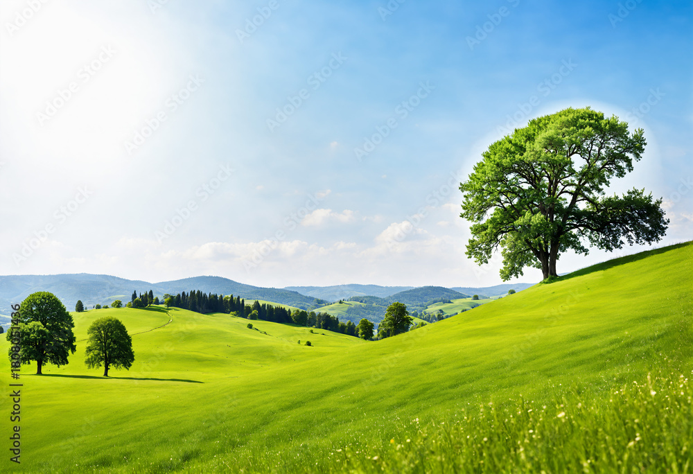 Obraz premium large solitary tree standing on a lush green rolling hill under a bright blue sky in spring