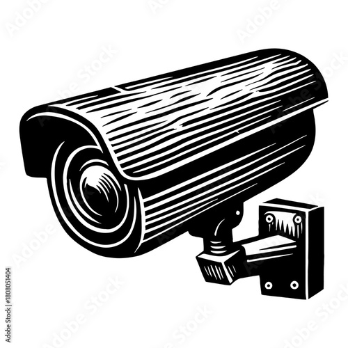 Security Camera Surveillance Equipment Wall Mounted Black and White Outline Line Art Drawing Vintage Engraving Style Isolated Object