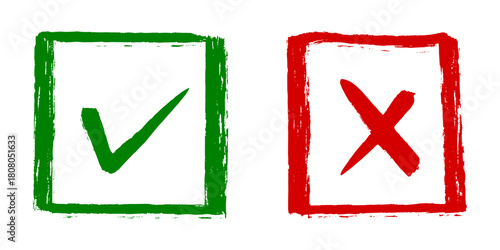 Hand Painted Grunge Brush Strokes Checkmark and Cross Sign in Boxes