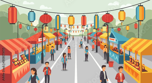 Vibrant Outdoor Market Scene with People and Colorful Stalls