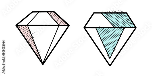 Diamond Gemstone Line Art Outline with Hatching Color Accents Set