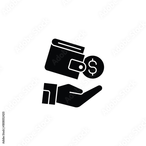 Black silhouette icon of a hand holding a wallet with a dollar coin, symbolizing financial transaction or payment.