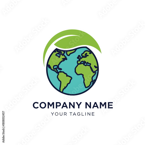 Earth globe with green leaf logo representing environmental care and sustainability.